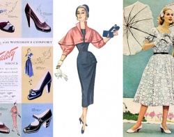 Реклама туфелек и нарядов 1950-х годов.